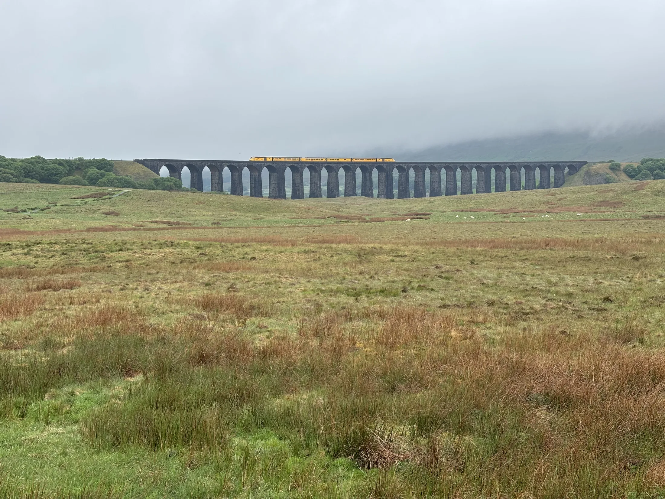 The Ribblehead Viaduct with a steam train in the Yorkshire Dales