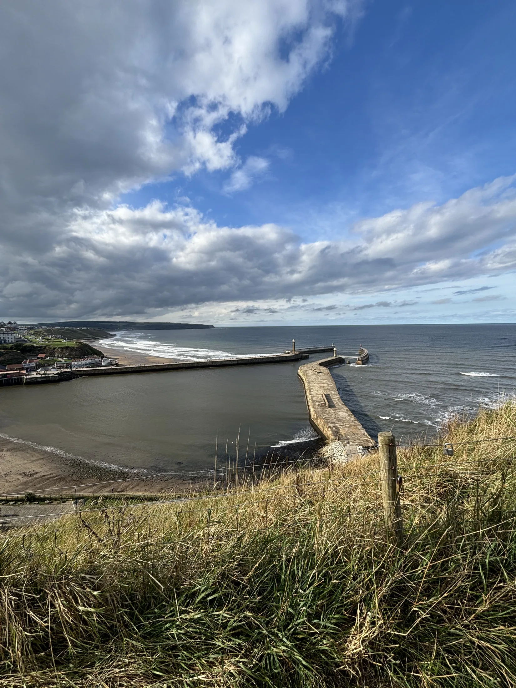A panoramic view over Whitby town, harbour and abbey